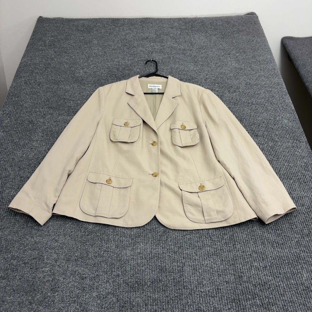 Bloomingdales Blazer Womens 20W Beige Linen Rayon Safari Utility Professional
